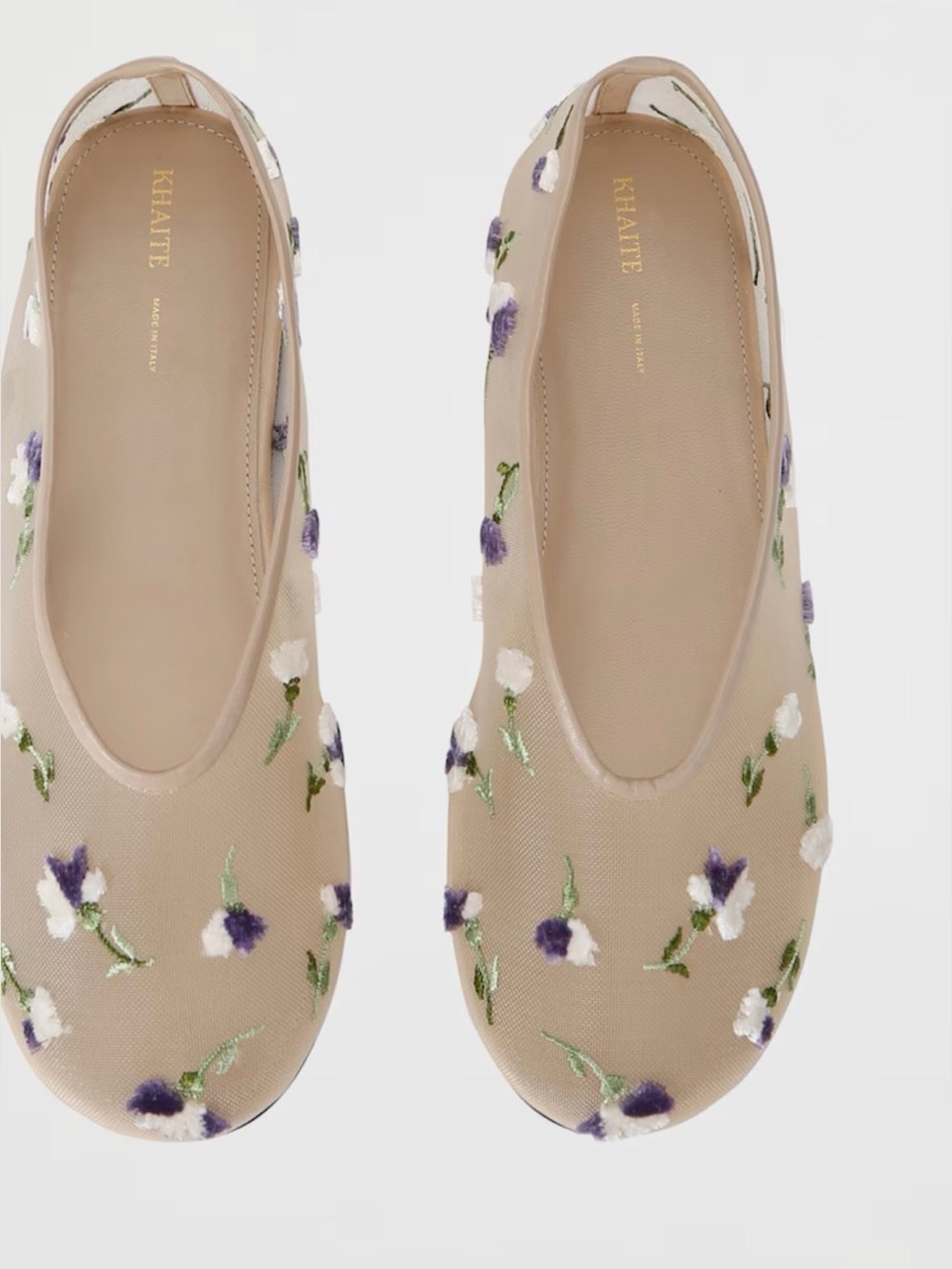 KHAITE Beige Floral Embroidered Ballet Flats with Purple and White Accents 37.5
